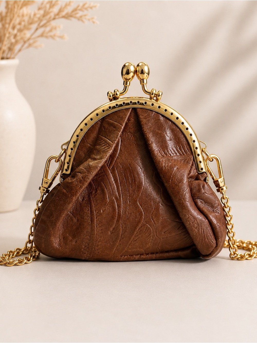 Brown Leather Kiss-Lock Chain Wristlet Clutch